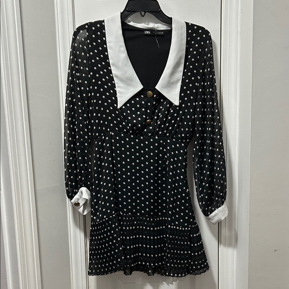 Zara Dresses & Skirts - Zara Black Polka Dot Long-Sleeve Dress with White Collar